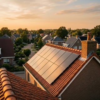 Nederlandse daken met zonnepanelen in het gouden uur