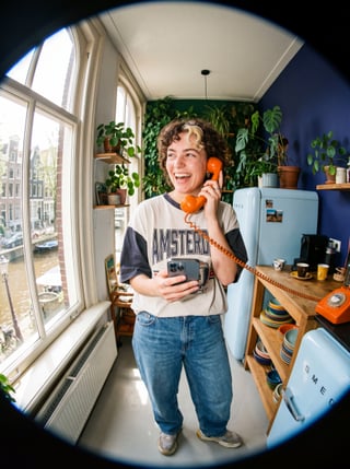 Jongvolwassene belt ontspannen aan de telefoon bij het raam